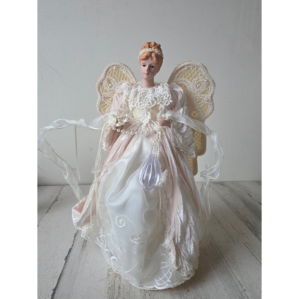 Vintage porcelain Angel cherub tree topper Xmas jewels beaded lace figurine tree